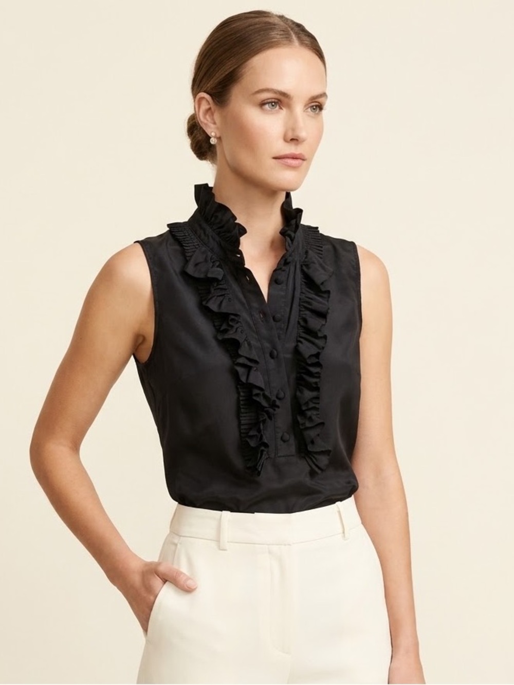 Kenar 100% Silk Black Ruffled Collar Sleeveless Tank Quiet Luxury Formal Blouse